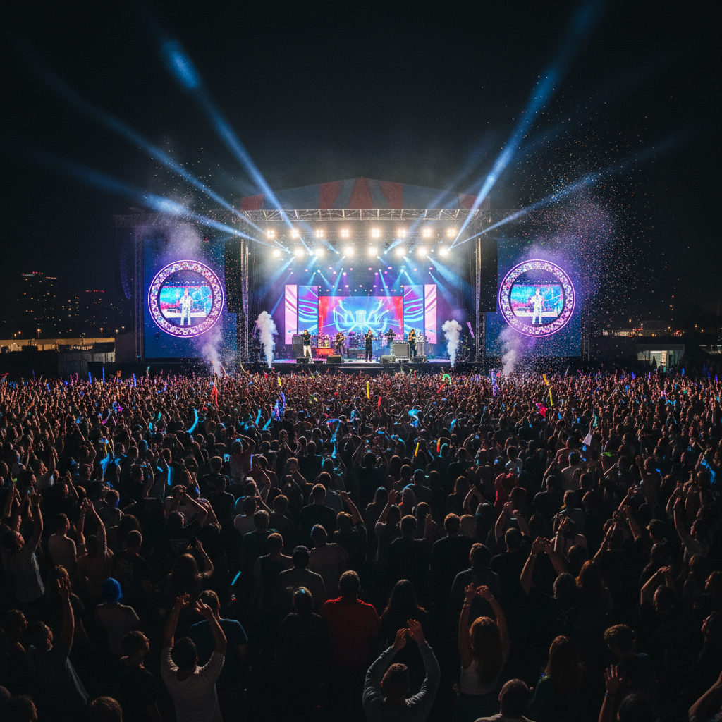 화려한 조명 아래 열광하는 콘서트 현장의 열기