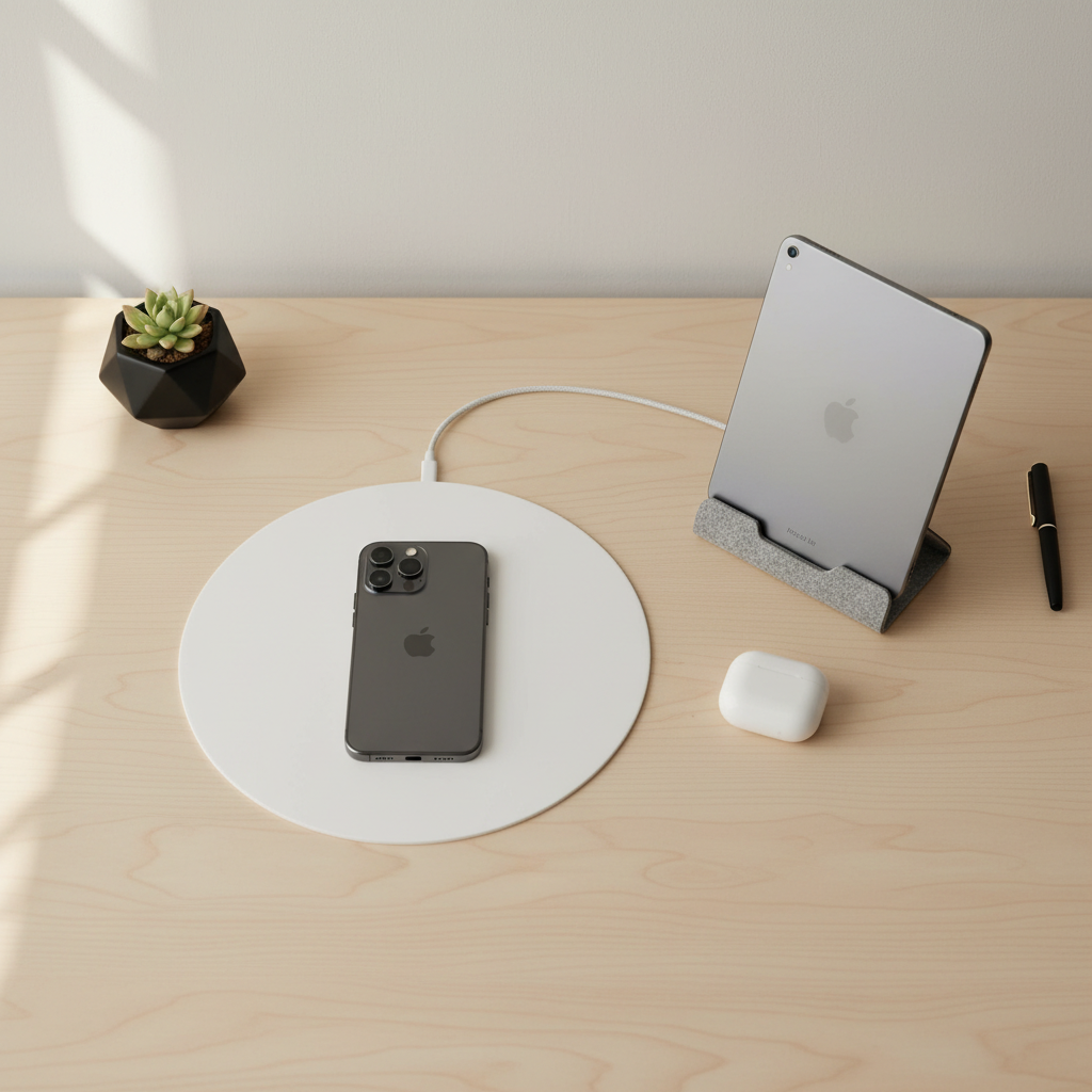 에어팟 케이스와 디지털 기기들이 놓인 책상