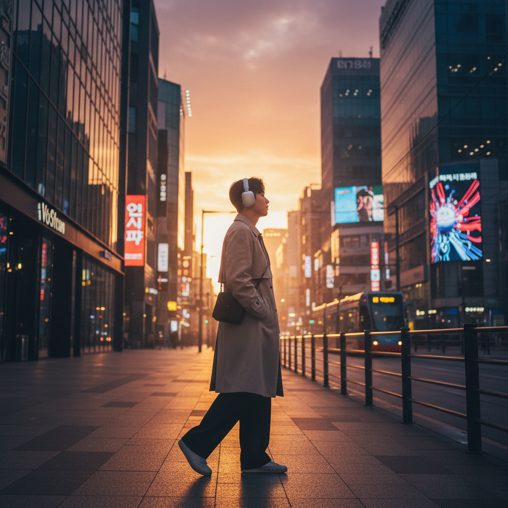 에어팟 맥스 실버 모델을 착용하고 음악을 듣는 사람