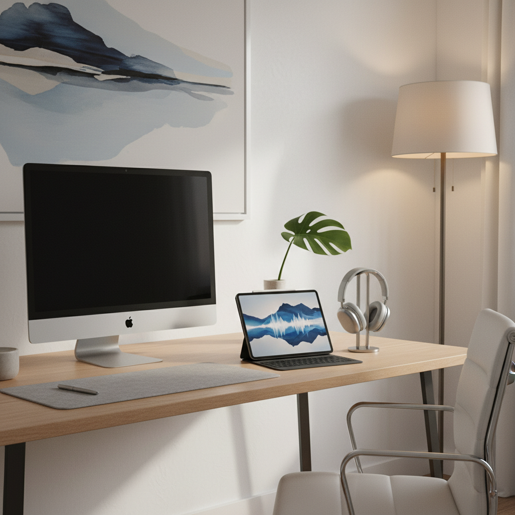 다양한 애플 기기들이 세련되게 배치된 작업 공간
