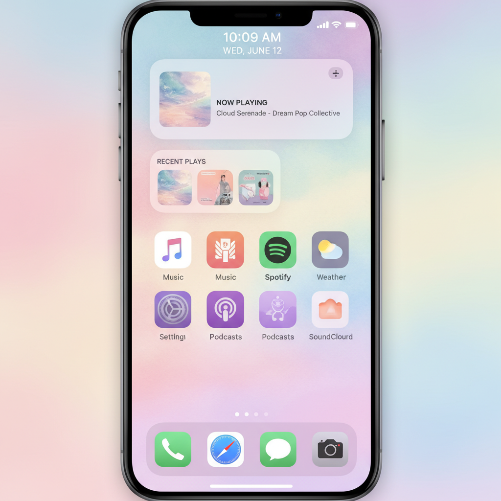 아이폰 홈 화면에 배치된 다양한 크기의 음악 위젯