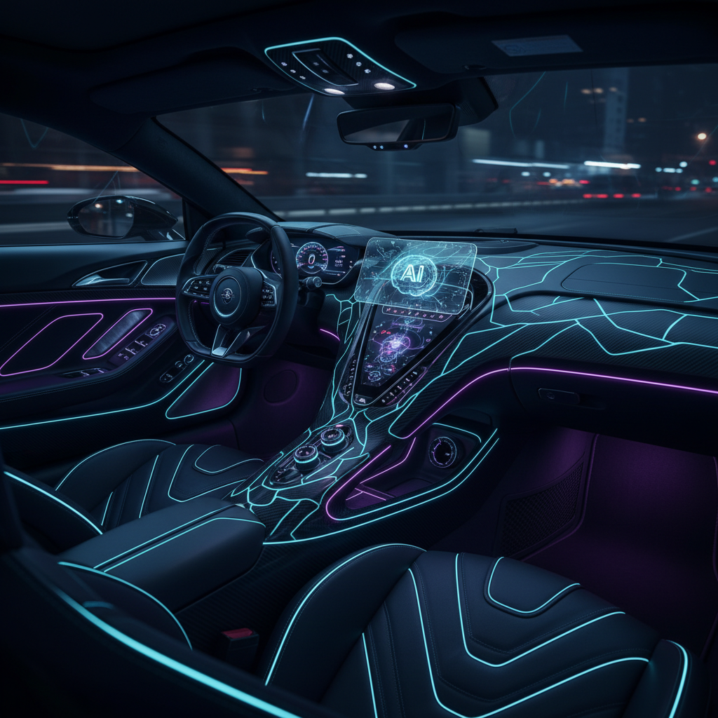 차량 내부에서 형상화된 인공지능 신경망과 음성 파형