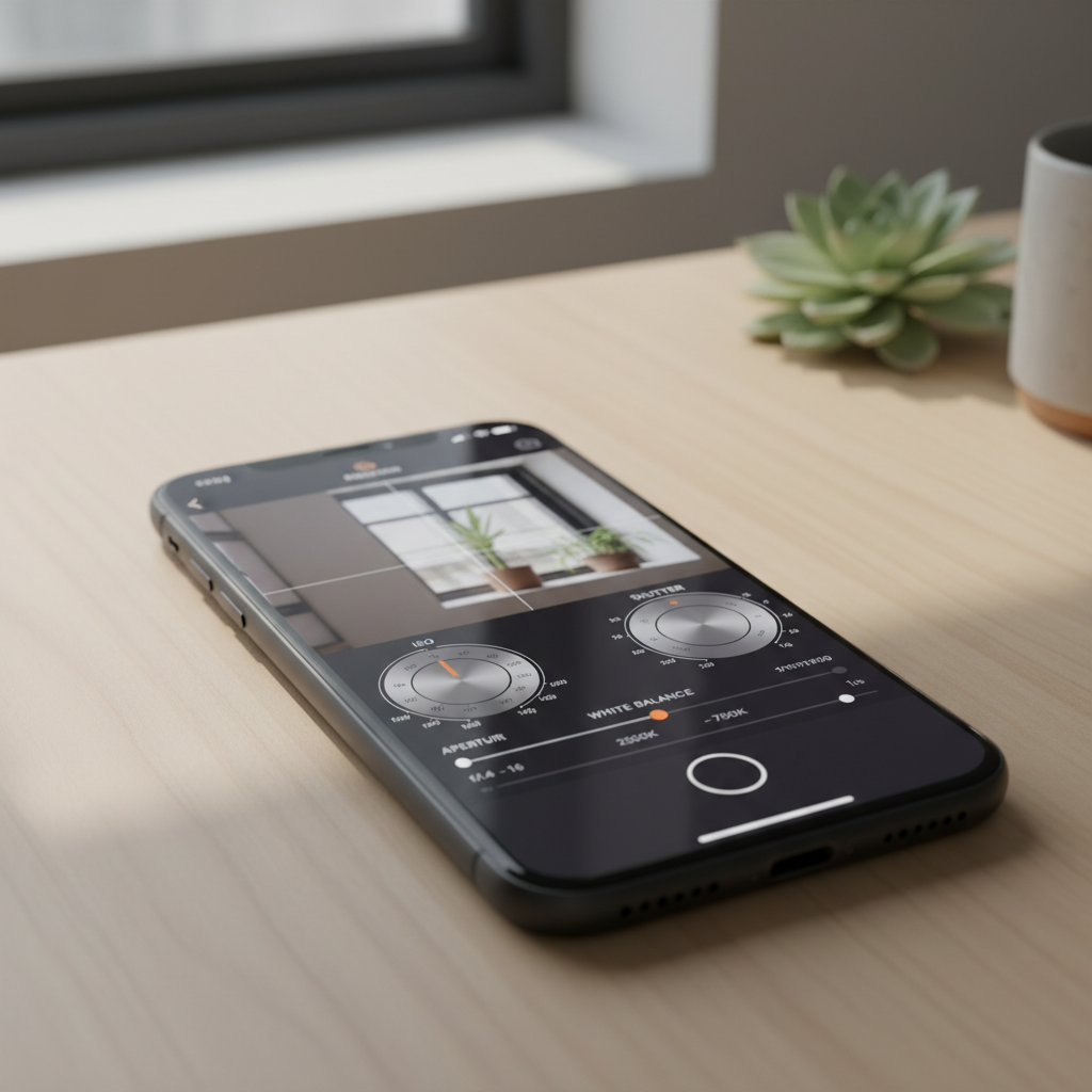 A modern iPhone displaying a professional camera app interface with manual control dials for ISO and Shutter Speed, sleek UI design, soft natural lighting on a minimalist wooden desk, 4:3