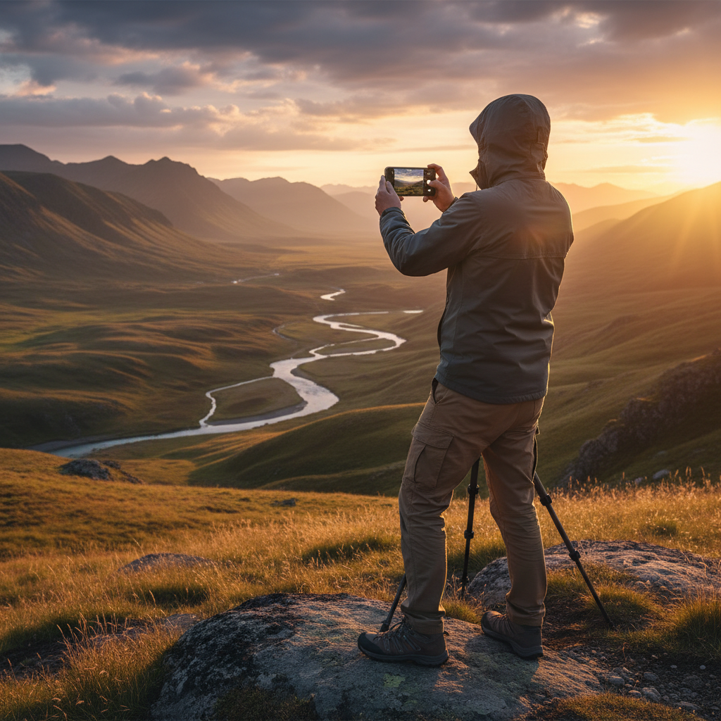 스마트폰으로 풍경을 촬영하는 전문 사진가