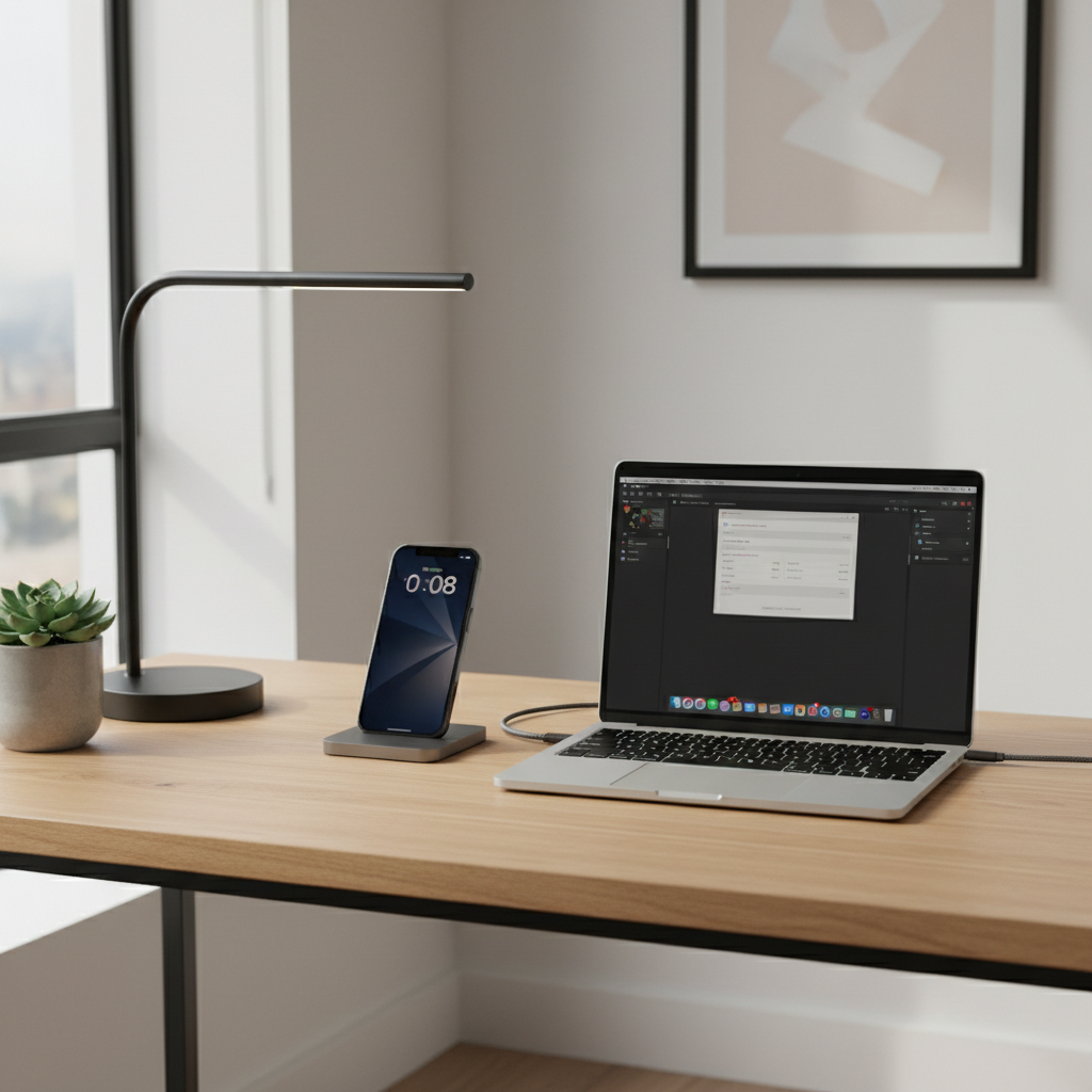아이폰과 맥북이 놓인 세련된 데스크테리어