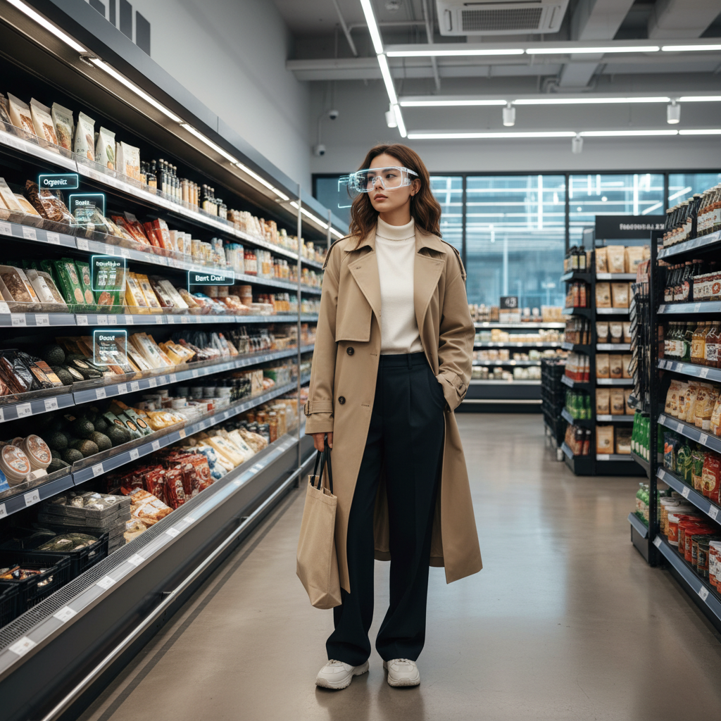 마트에서 정보를 확인하는 스마트 안경 사용자