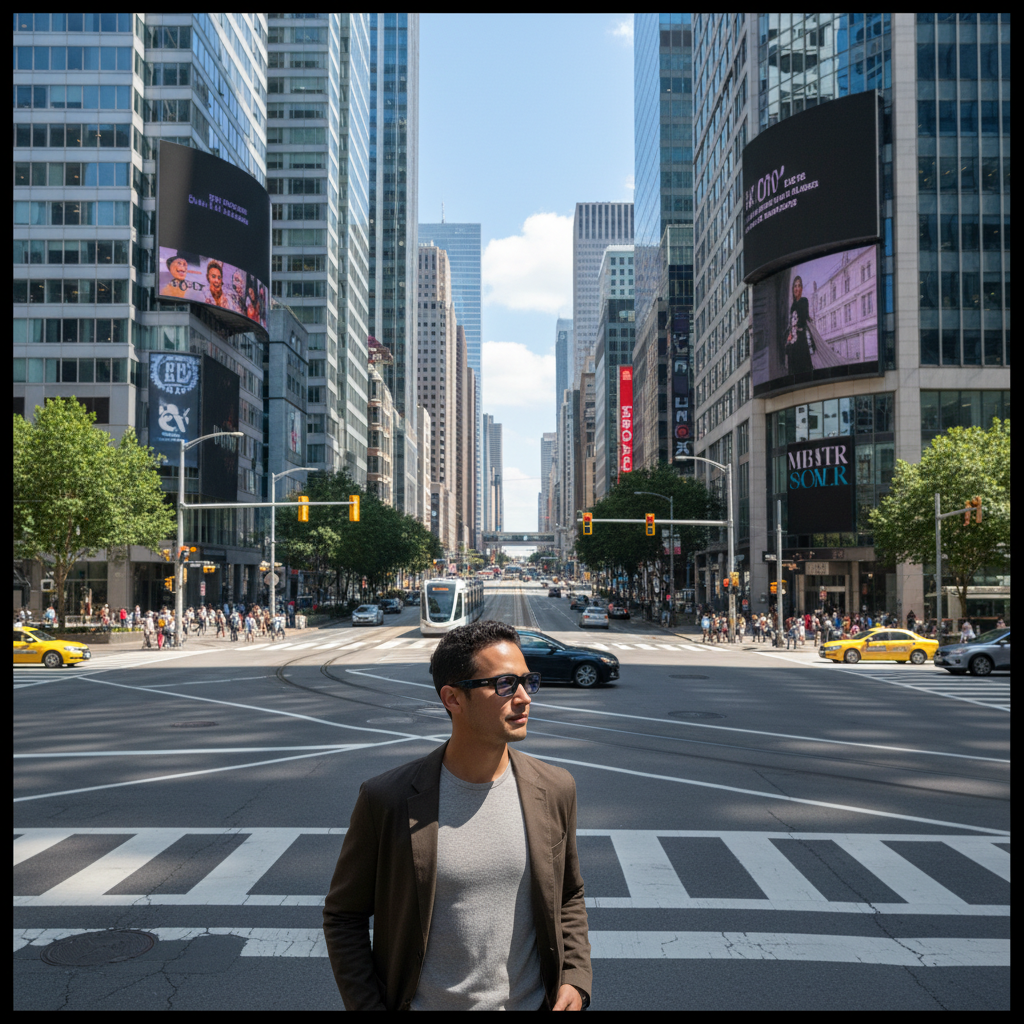 도시 거리를 걷는 스마트 안경 착용자