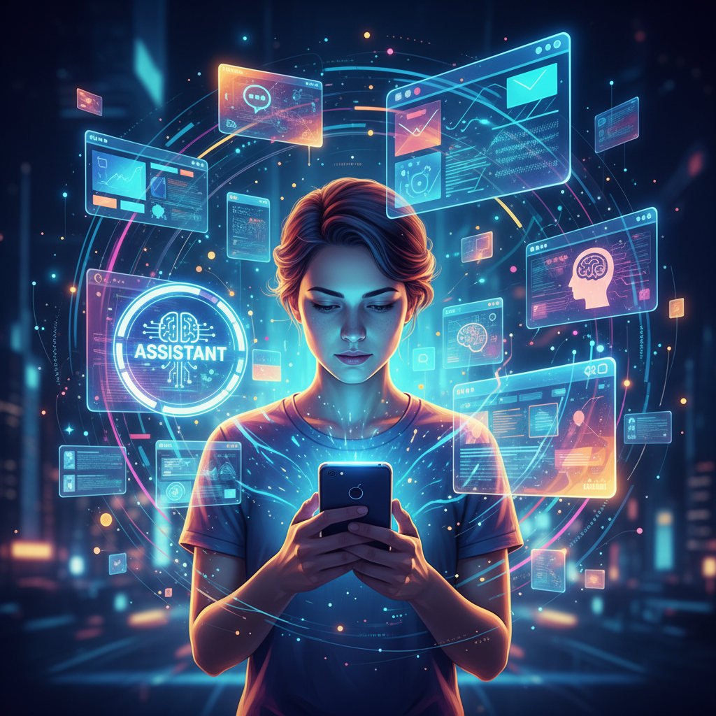 모바일 기기로 미래형 웹 서핑을 즐기는 모습