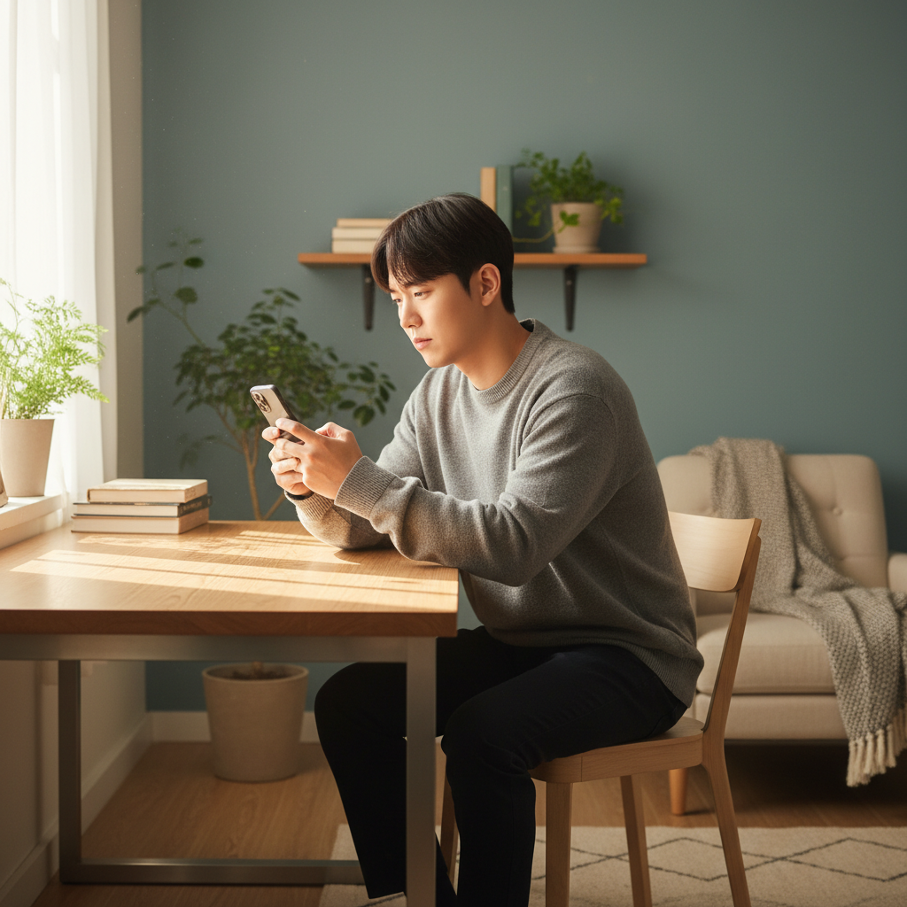 책상 위에서 아이폰을 사용하며 고민하는 남성