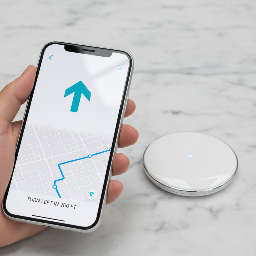 정밀한 위치 추적 기능을 보여주는 스마트폰 화면과 기기