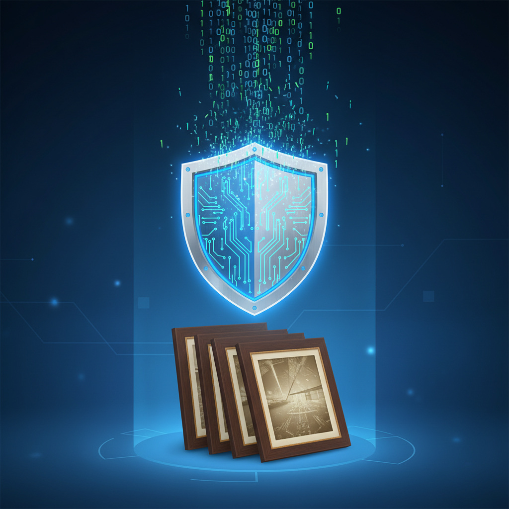 디지털 데이터를 걸러내고 보호하는 보안 방패 아이콘