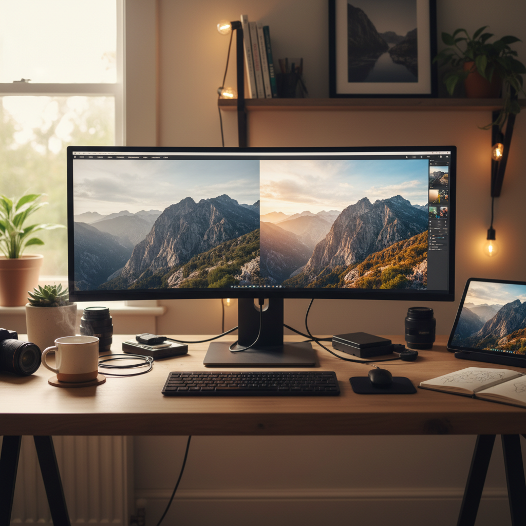 세련된 작업실에서 완성된 사진 결과물을 확인하는 모니터