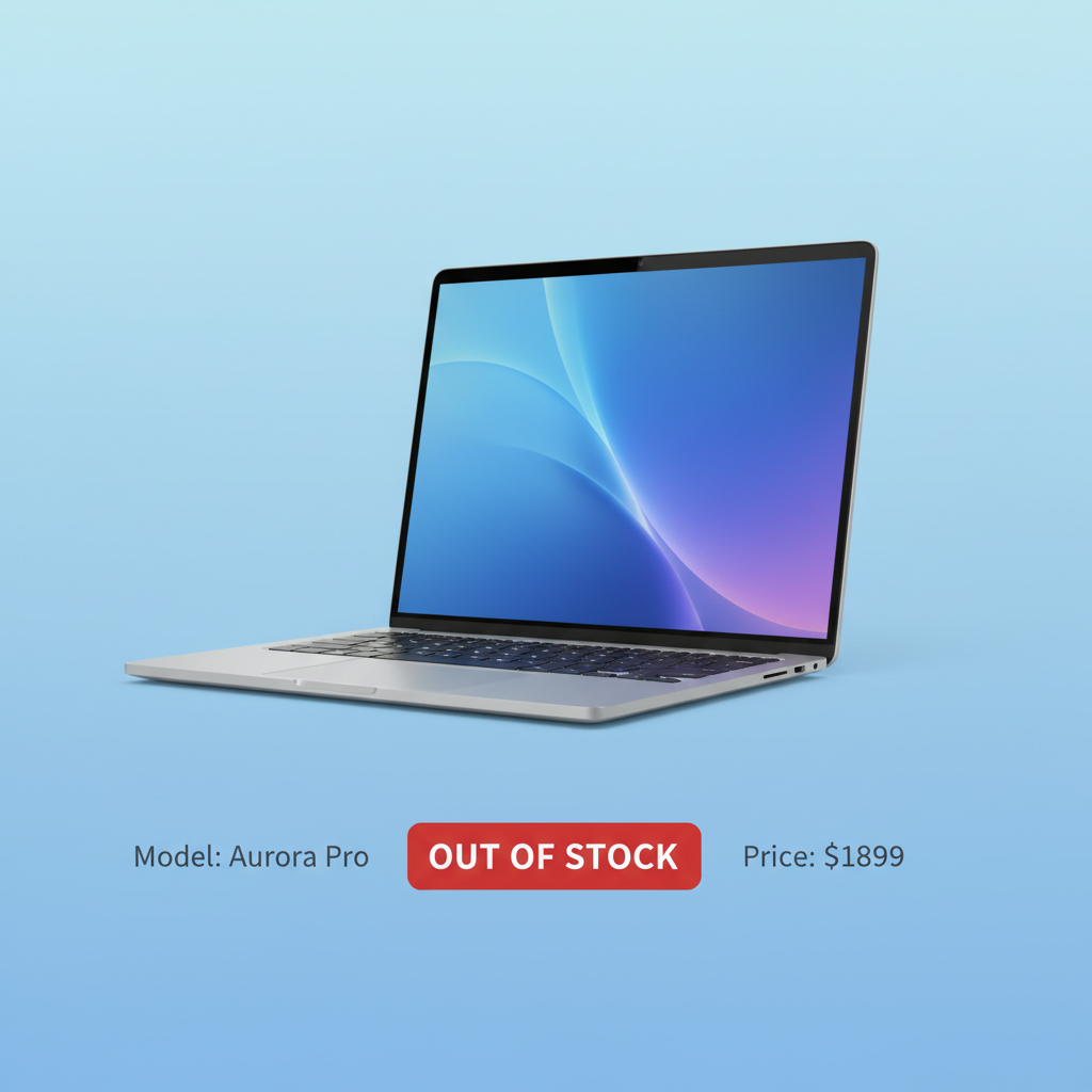 A sleek silver laptop shown on a digital store interface with an Out of Stock label in a clean and modern style. The background is a soft blue gradient. 4:3