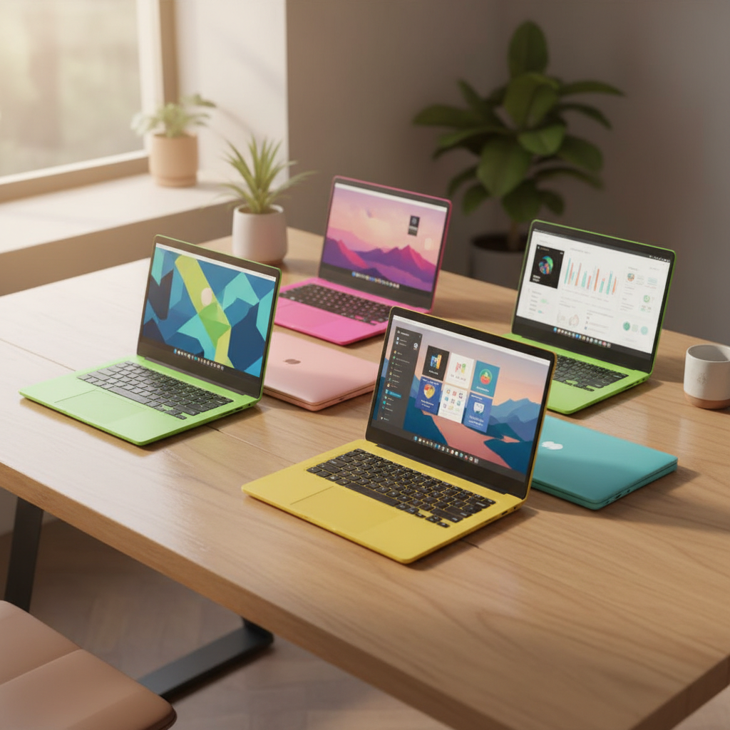 밝고 화사한 색상의 슬림한 노트북 디자인