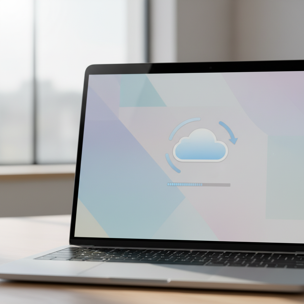 맥북 화면에 표시된 구름 모양의 동기화 아이콘