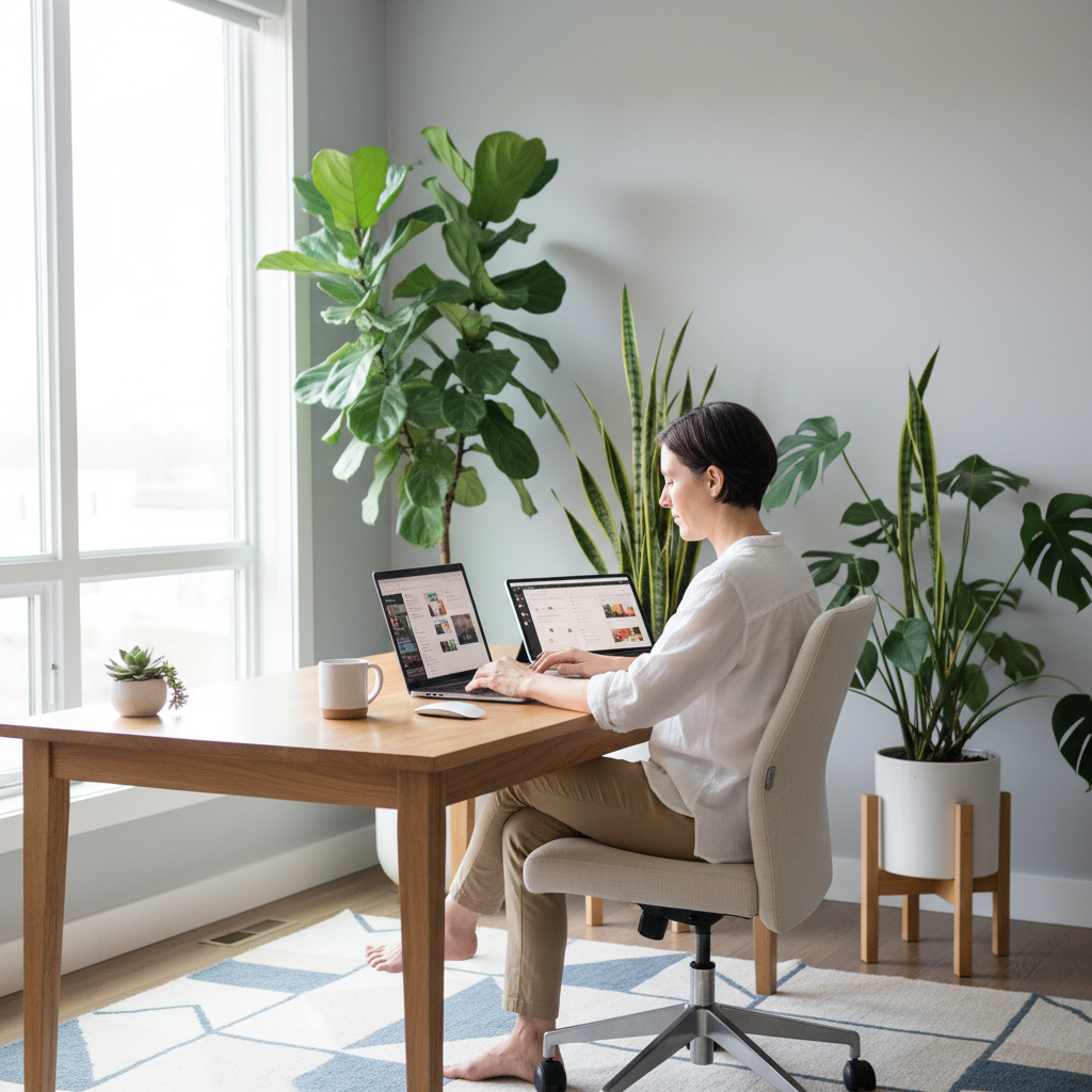 애플 기기를 사용하는 세련된 사무실 풍경