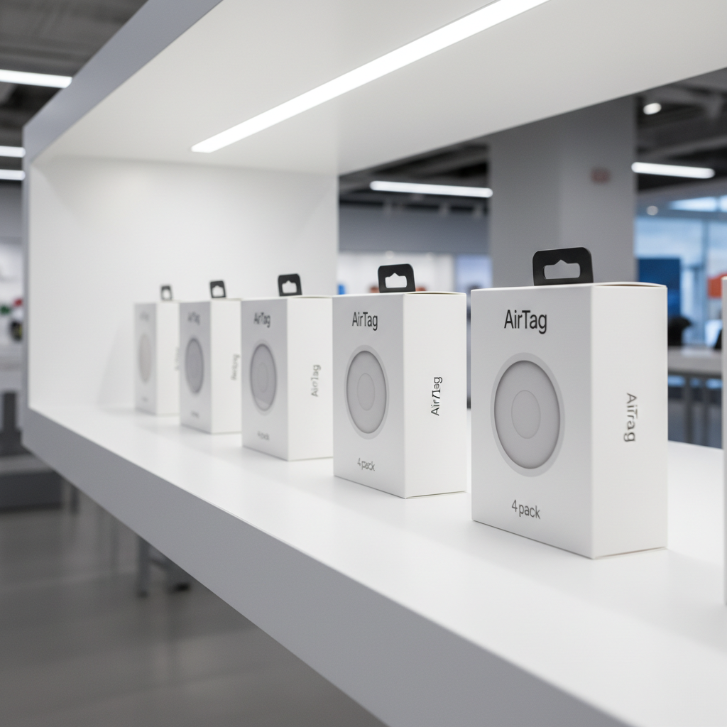 애플 스토어 진열대에 놓인 에어태그 패키지