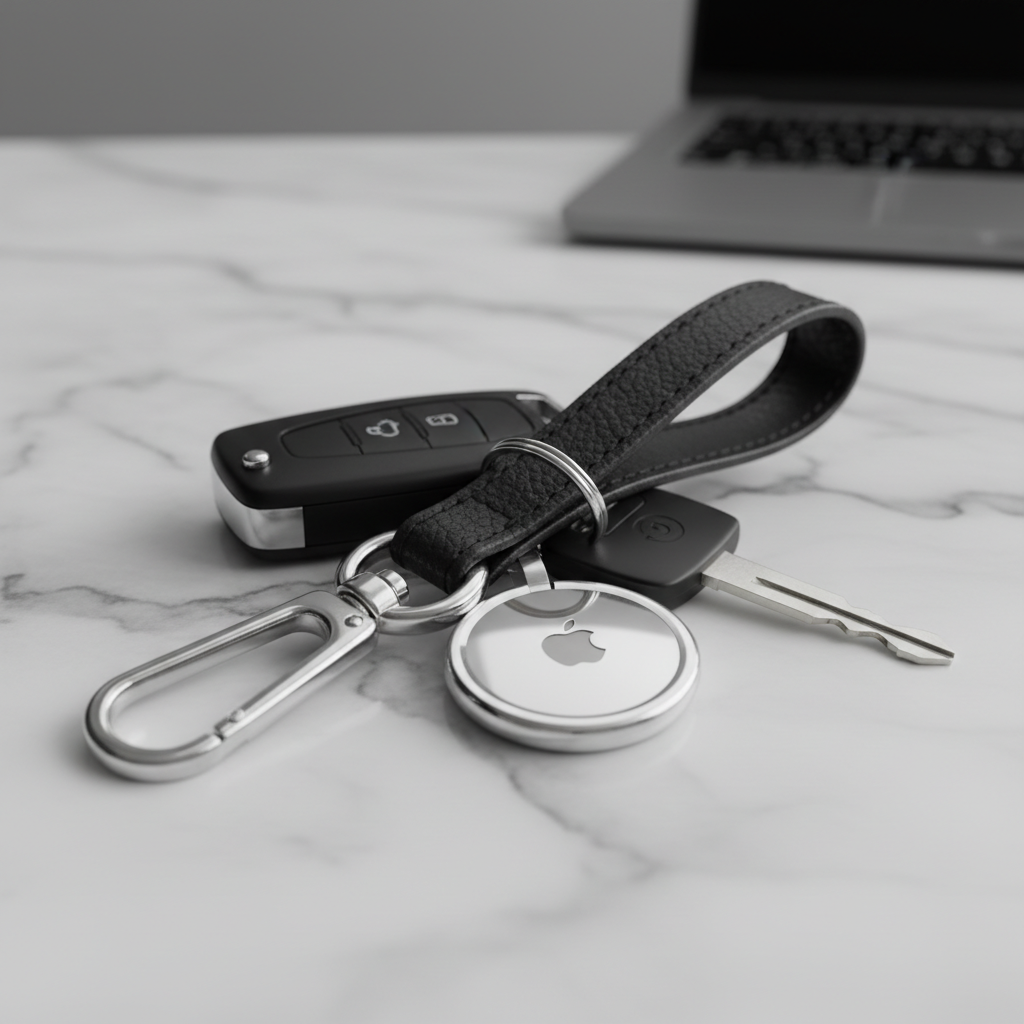 열쇠고리에 연결된 에어태그의 일상적인 모습