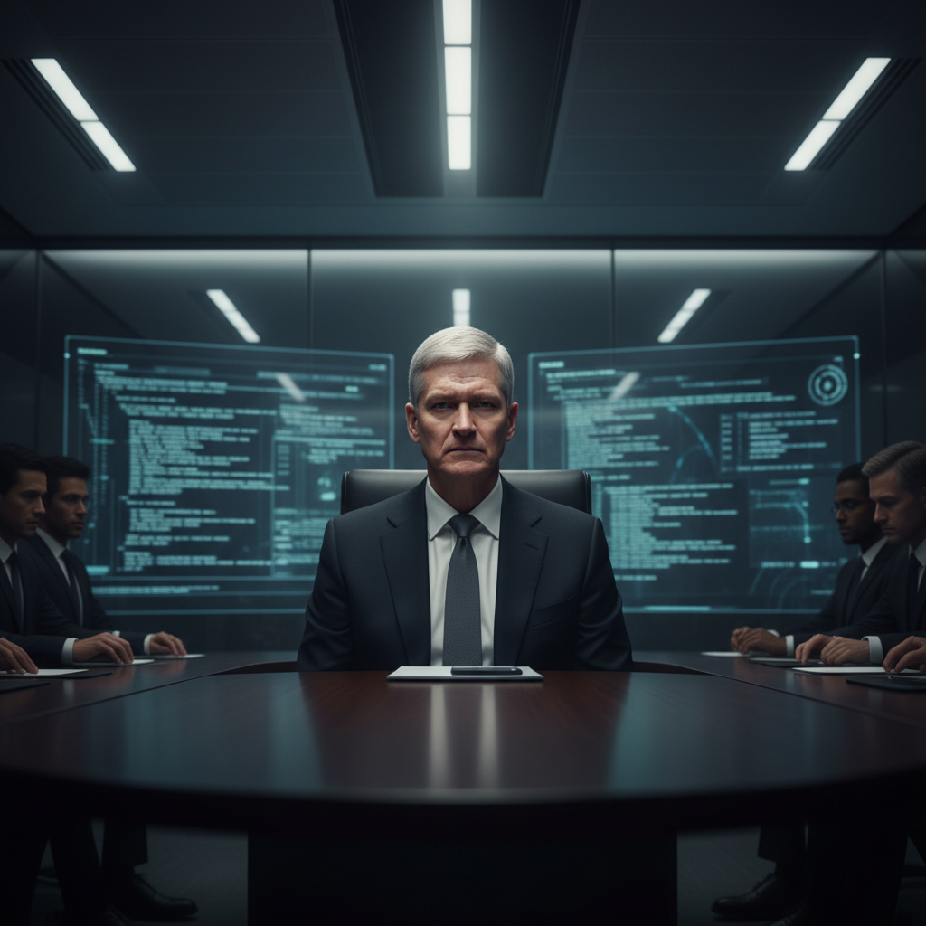 심각한 표정으로 회의에 임하는 팀 쿡의 모습