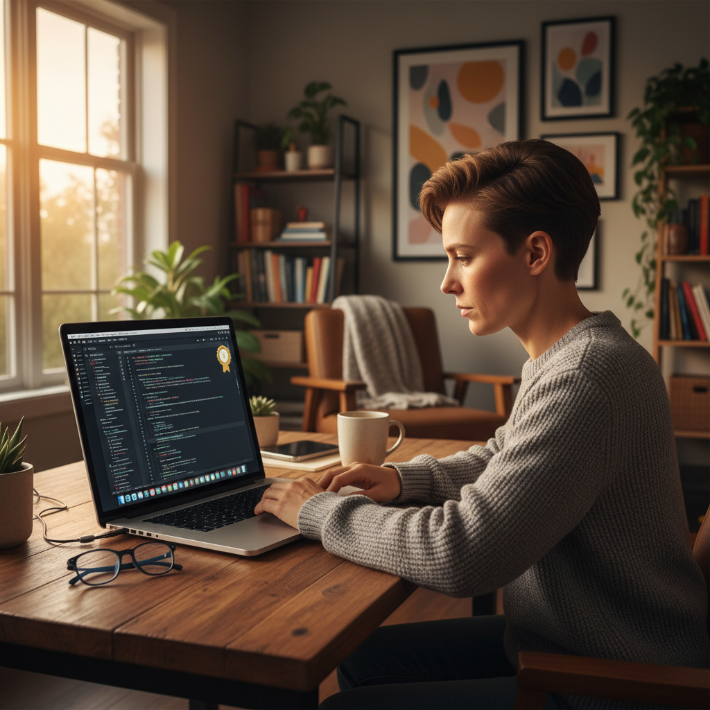 맥북으로 앱스토어 정책을 검토하는 개발자의 모습