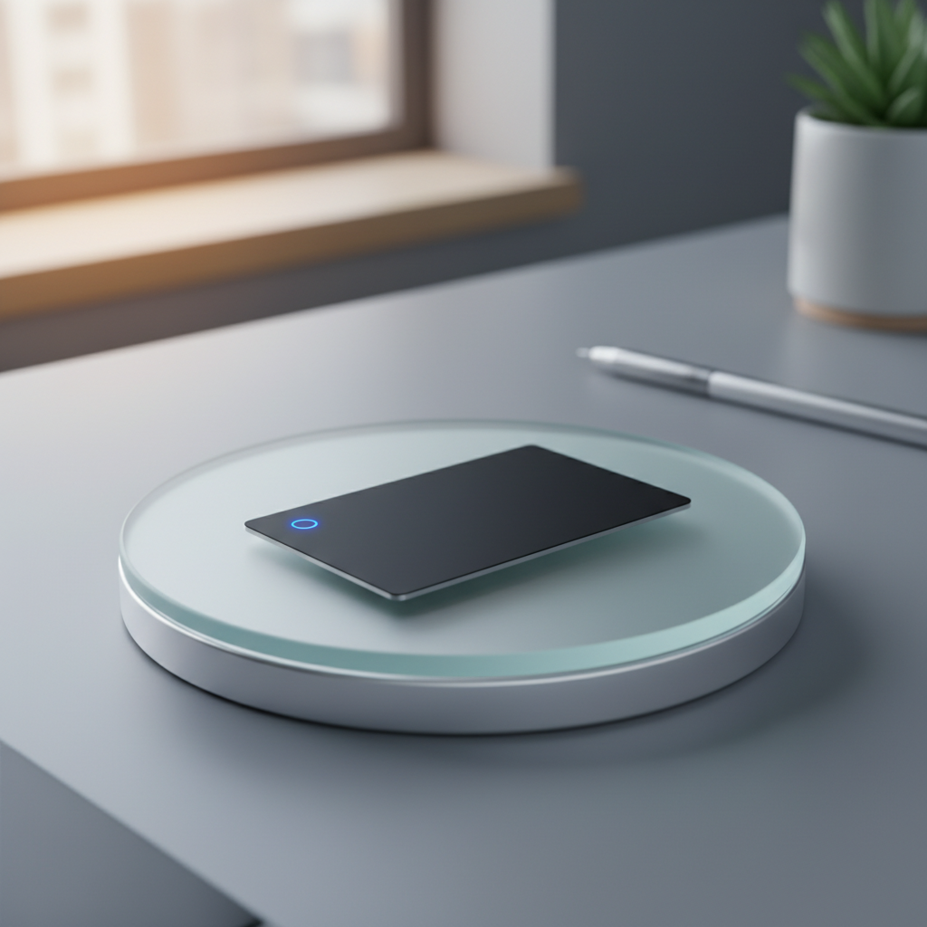 무선 충전기 위에 올려진 카드형 트래커