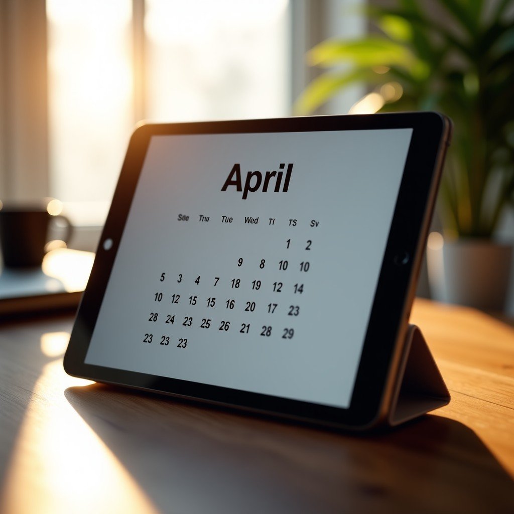A sleek digital desk calendar showing the month of April 2026 on a high-definition tablet screen. Soft sunlight from a window falls on the desk, creating a warm and professional atmosphere. 4:3