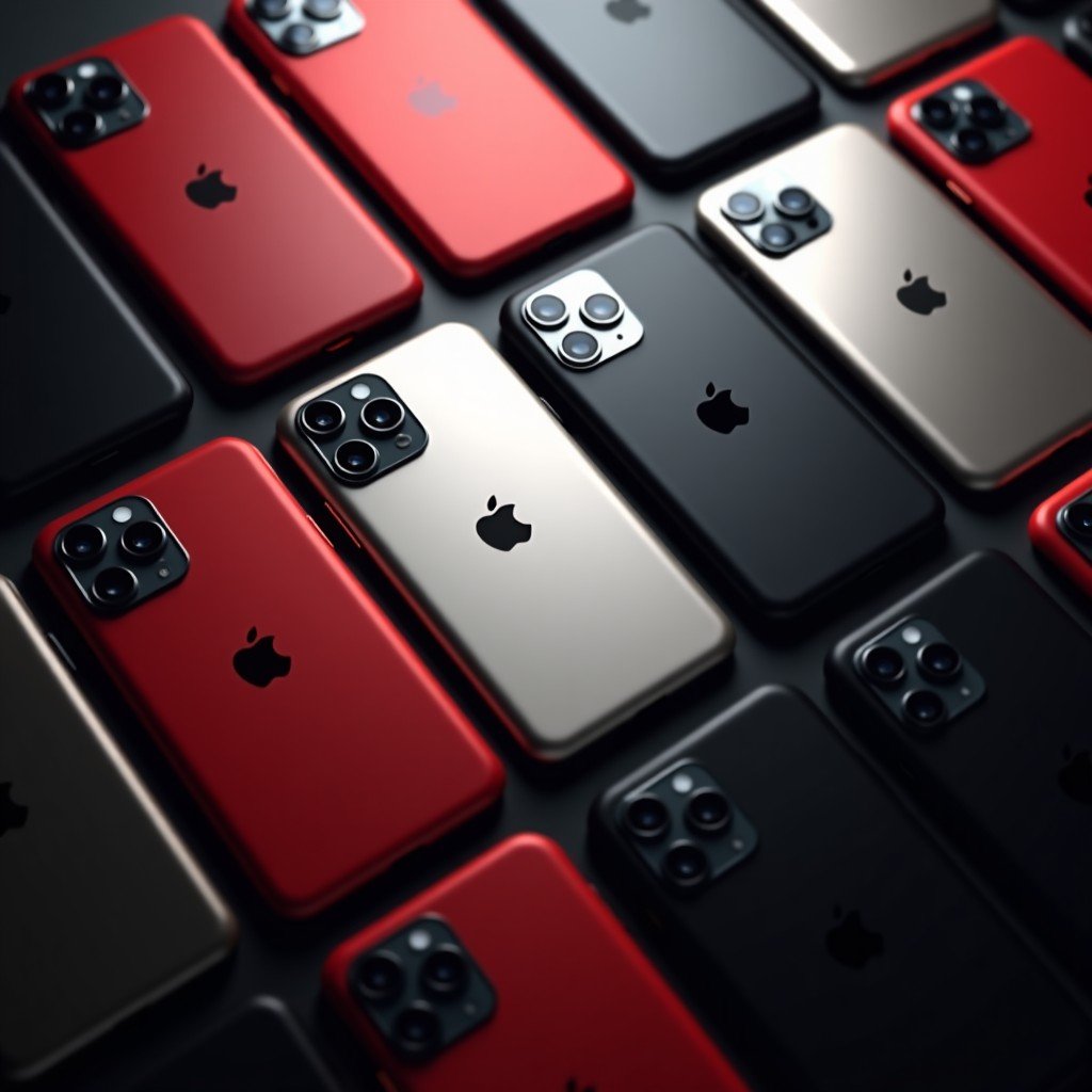 Multiple high-end smartphones arranged artistically, showing different color options like deep red, silver, and black, soft dramatic shadows, professional photography, 4:3