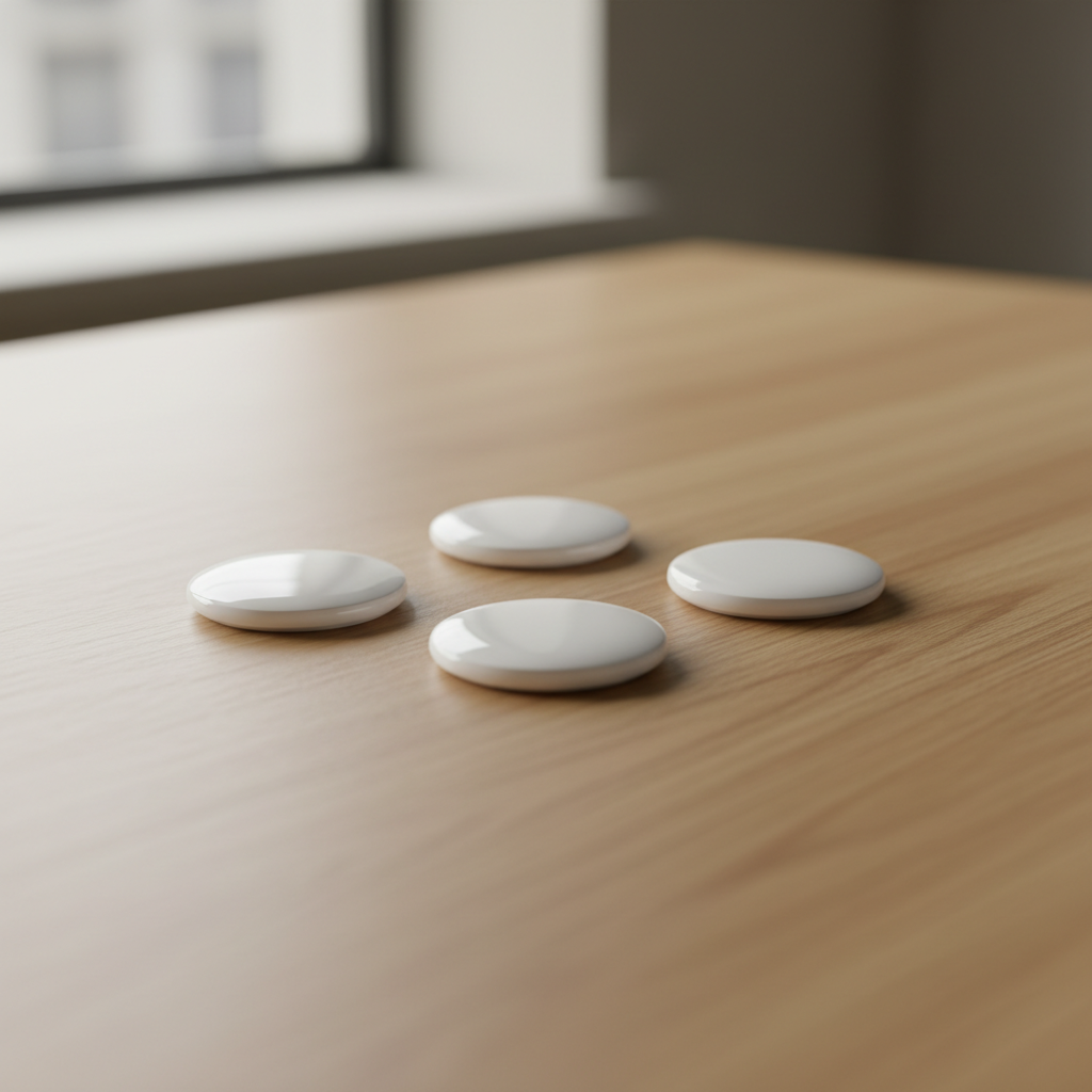 A minimalist lifestyle photography of five white circular Apple AirTag 2nd generation trackers arranged neatly on a light oak wooden table. High-quality product shot with soft natural sunlight from a window. Cinematic lighting, shallow depth of field, 4:3