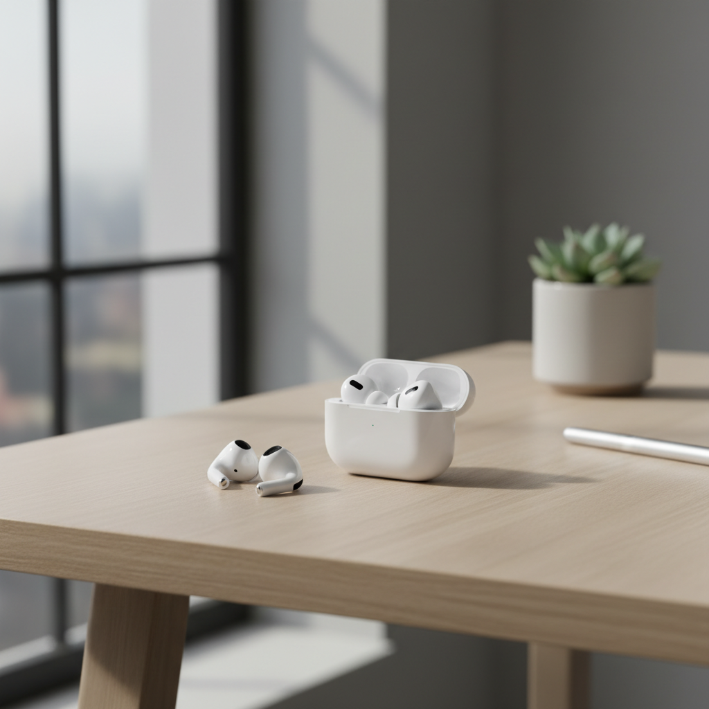 A high-quality lifestyle photograph of the new Apple AirPods Pro 3 sitting on a minimalist wooden desk. The earbuds are partially out of their sleek white charging case. Soft natural morning light coming from a window, creating a clean and premium tech atmosphere. No text or logos. 4:3
