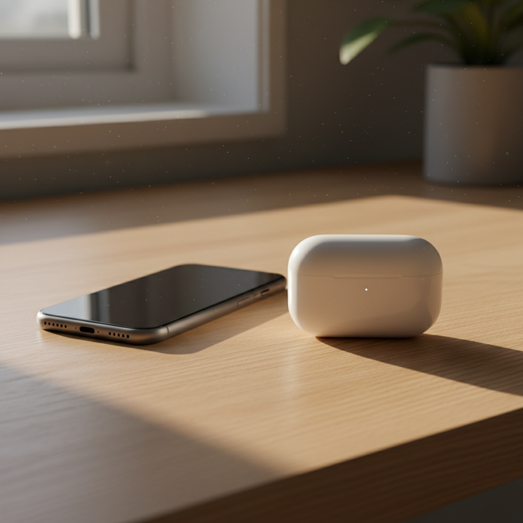 책상 위에 놓인 에어팟 프로 3 충전 케이스