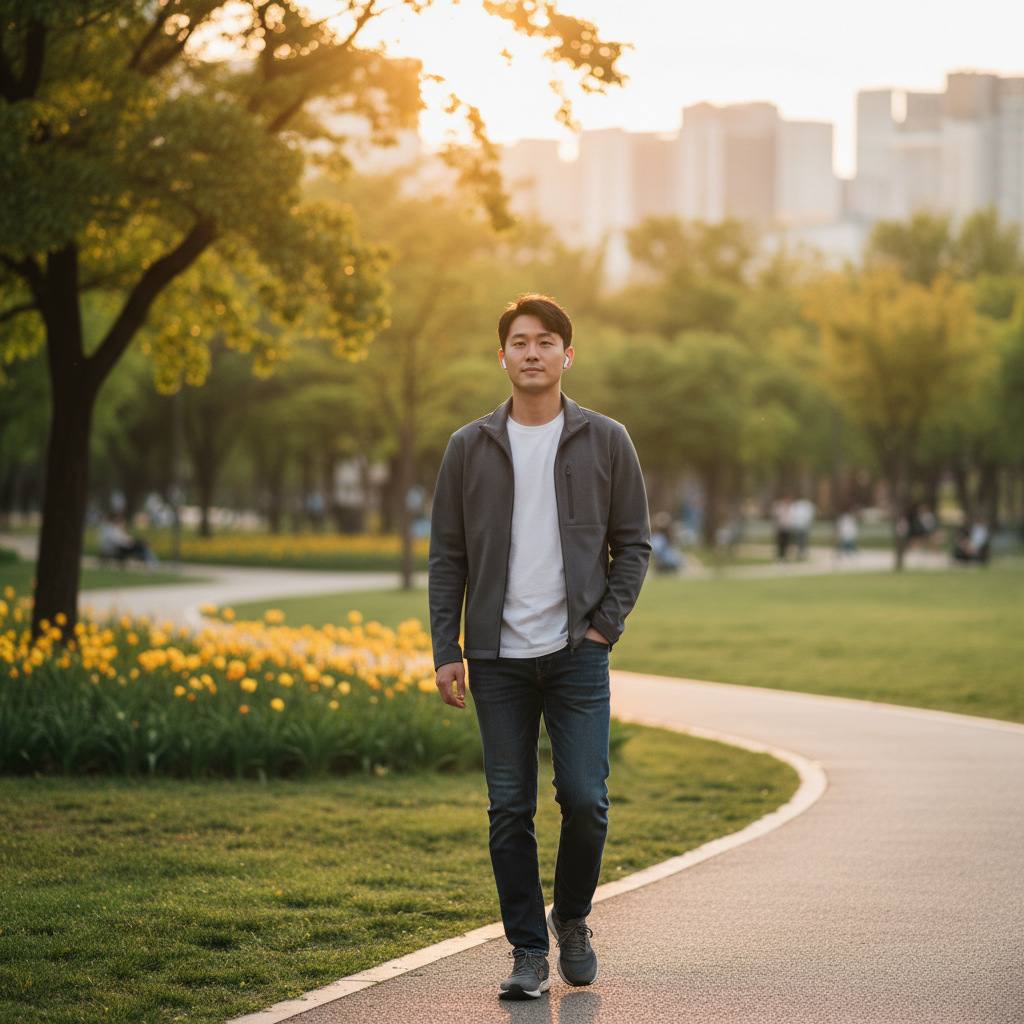 에어팟 프로 3를 착용하고 야외에서 음악을 듣는 사람