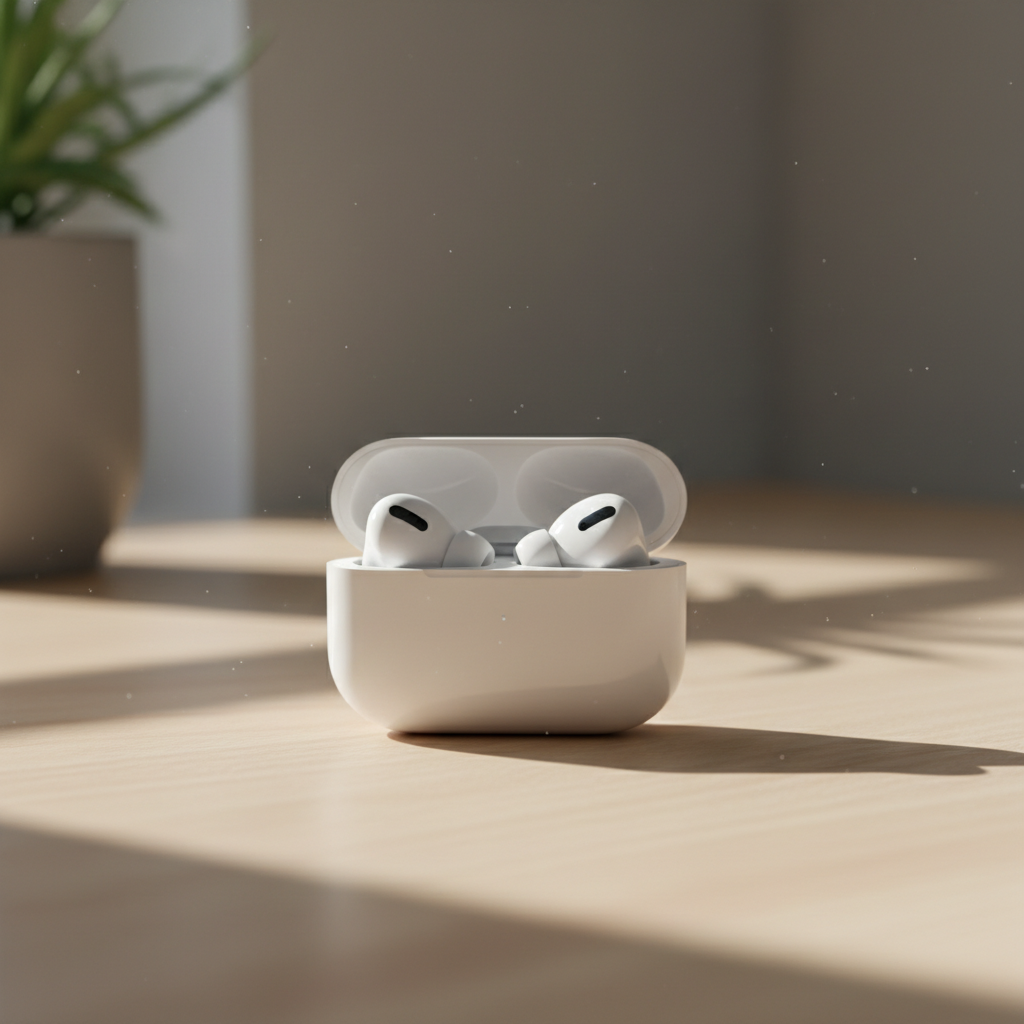 Close up shot of AirPods Pro 3 in its charging case on a minimalist wooden desk, soft natural morning light, high resolution, realistic photography, 4:3