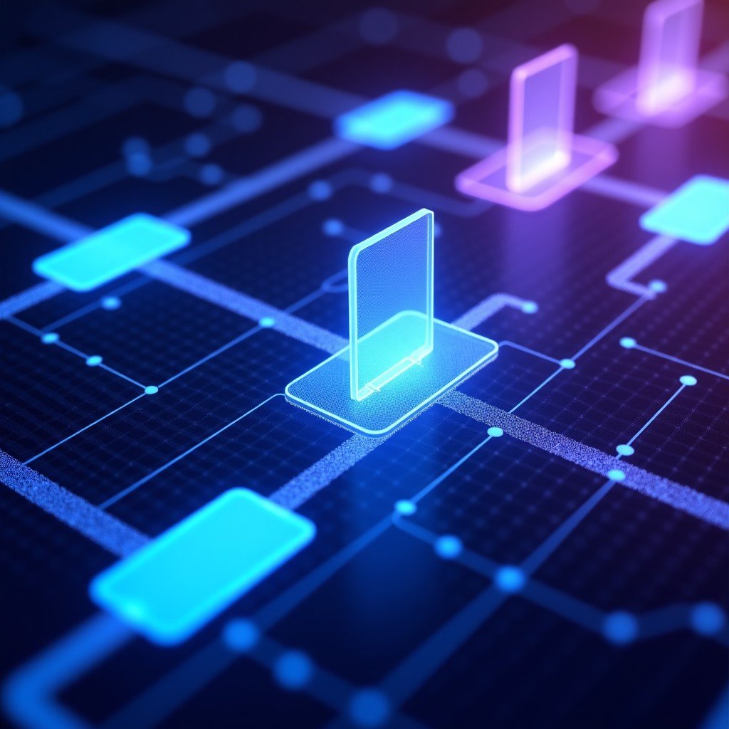 Abstract visualization of 4G LTE network waves connecting multiple mobile devices, vibrant blue and purple colors, futuristic digital lines, 4:3