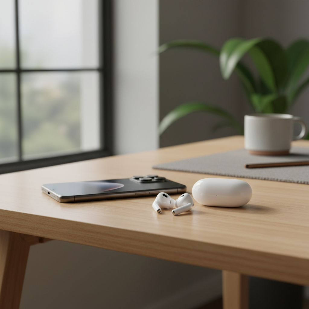 깔끔한 테이블 위에 놓인 에어팟 4와 충전 케이스