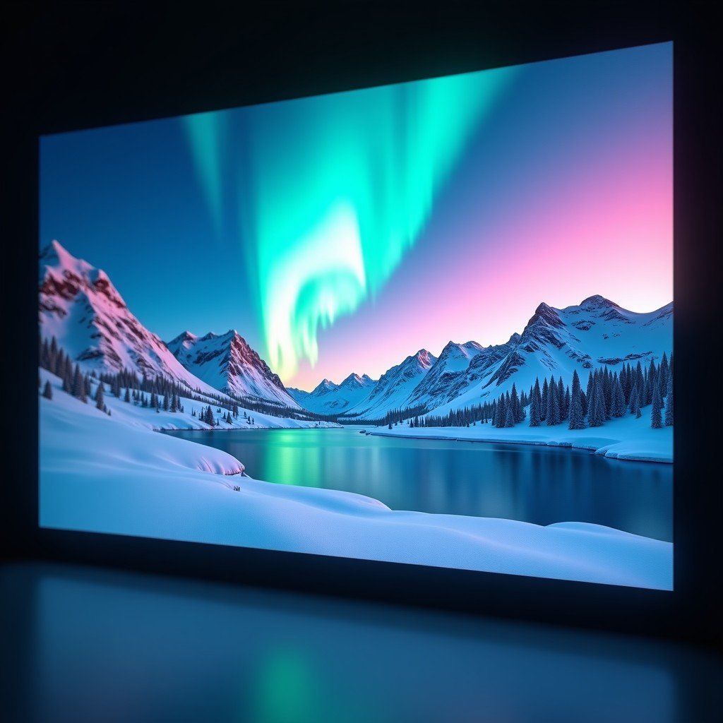 Close-up view of a stunning 8K landscape video showing snowy mountains and aurora borealis. The image is displayed on a floating digital screen within a spatial computing environment. Vibrant colors, high contrast, cinematic feel. 1:1