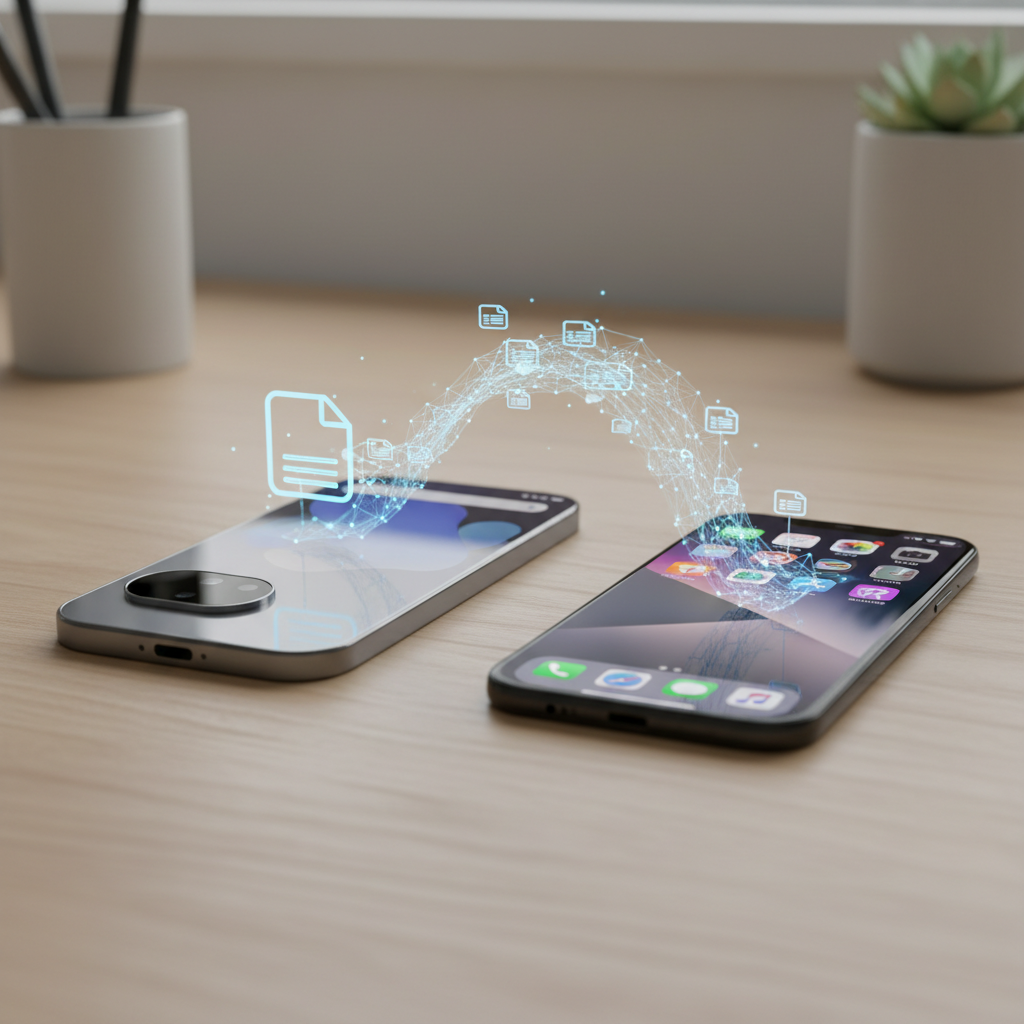 A Google Pixel 9 and an iPhone 17 sitting side-by-side on a wooden desk. A glowing digital wave or file transfer icon connects the two devices. The lighting is bright and modern. High quality lifestyle photography. 4:3