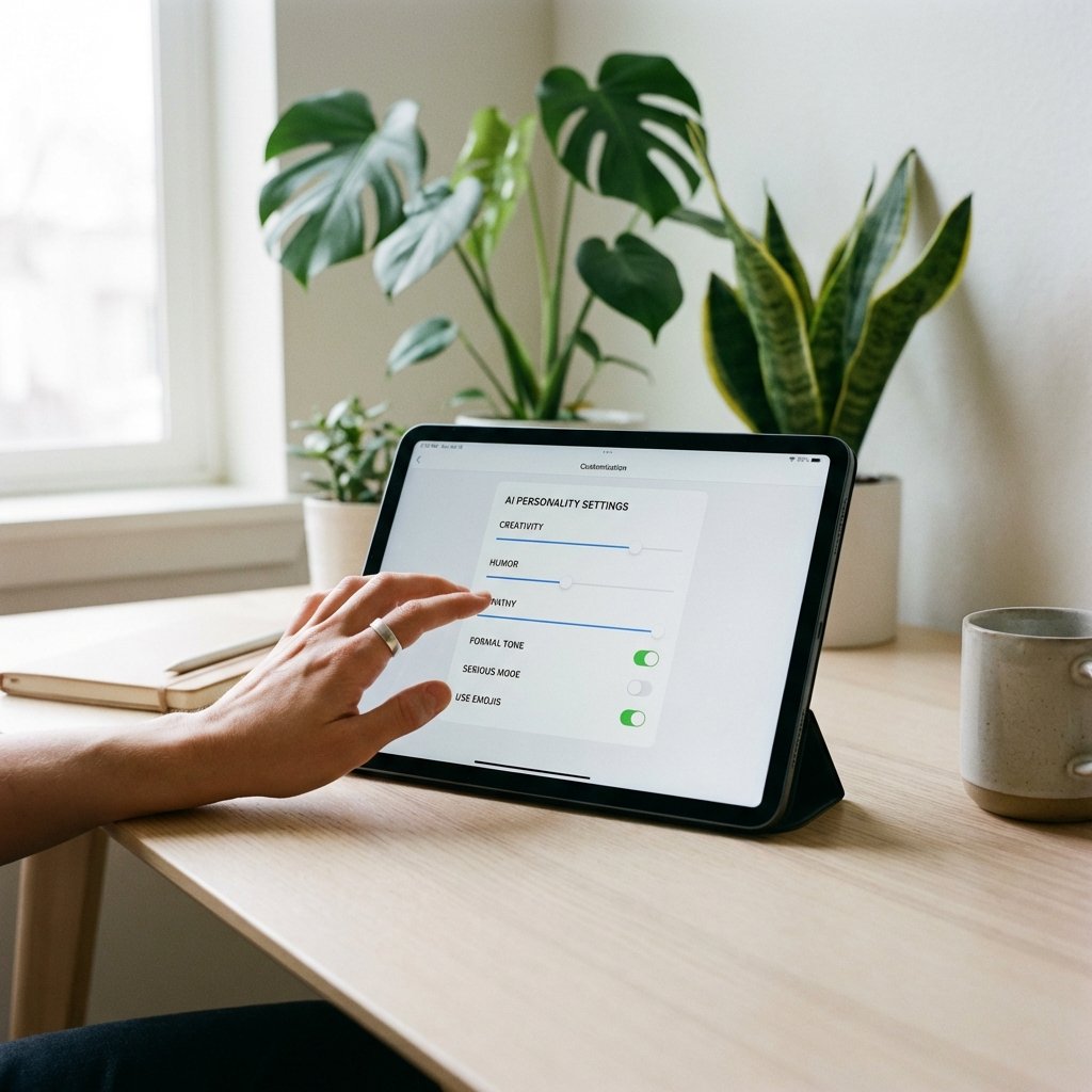A clean and minimal workspace featuring a tablet displaying a user customization menu for AI personality settings. Soft natural lighting from a window, plants in the background, a person's hand subtly interacting with the screen. 1:1