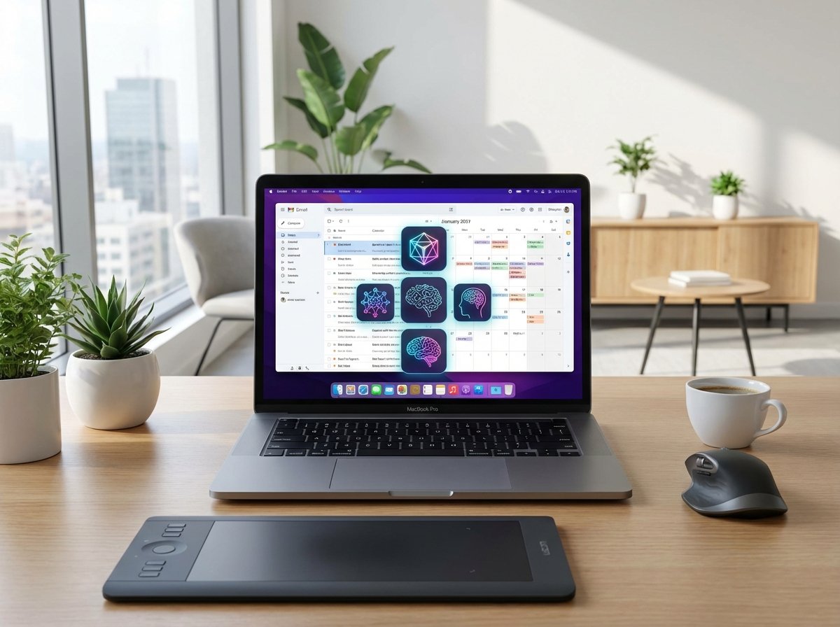 A professional digital workstation showing a MacBook screen with abstract AI agent icons organizing emails and calendars, modern office environment, clean aesthetics, 4:3
