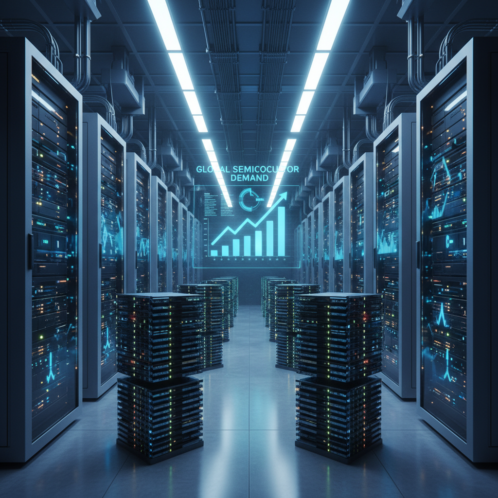 Powerful AI servers and stacked memory modules in a bright data center representing semiconductor demand 4:3