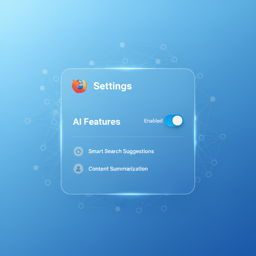 A modern and clean web browser interface showing a toggle switch for AI features. The logo of Firefox is subtly visible in the corner. The background is a soft blue gradient with abstract neural network lines representing artificial intelligence. High contrast, professional digital illustration. 1:1