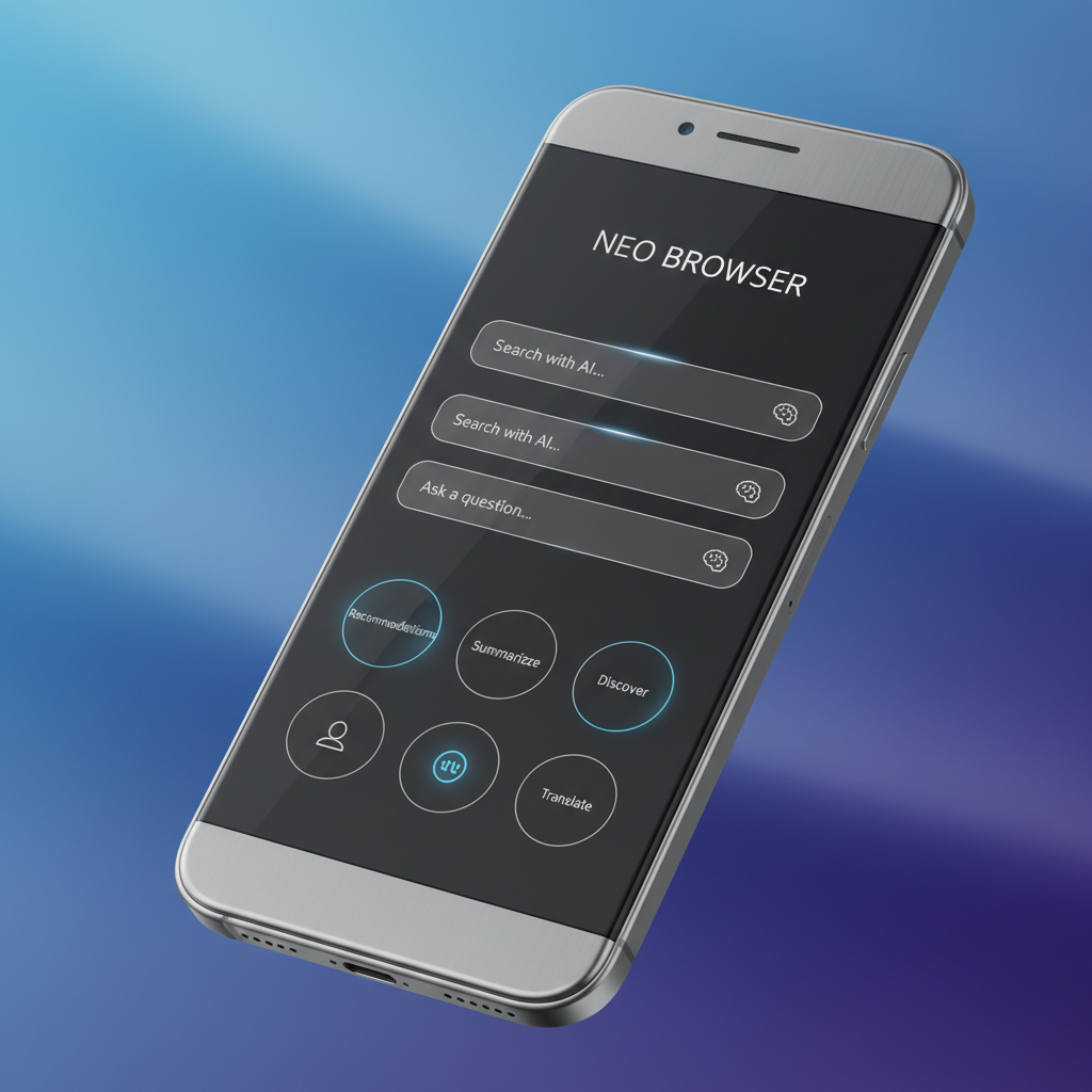 A sleek and modern smartphone displaying a sophisticated AI web browser interface with clean typography and futuristic search bars. The background is a soft blue and purple gradient. High contrast, professional photography style. 4:3