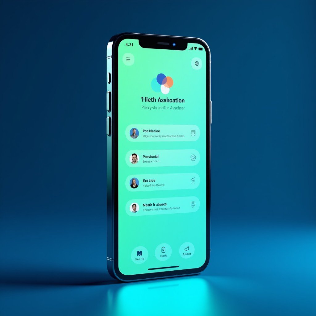 A futuristic concept of a personal AI health assistant displayed on a sleek smartphone screen, clean infographic elements, vibrant blue and green tones, 4:3