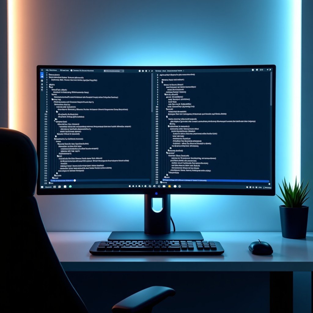 A high-end minimalist workstation with a large monitor displaying complex code snippets being generated by an AI interface. The room has soft ambient lighting and a futuristic professional atmosphere. No text on screen. 4:3