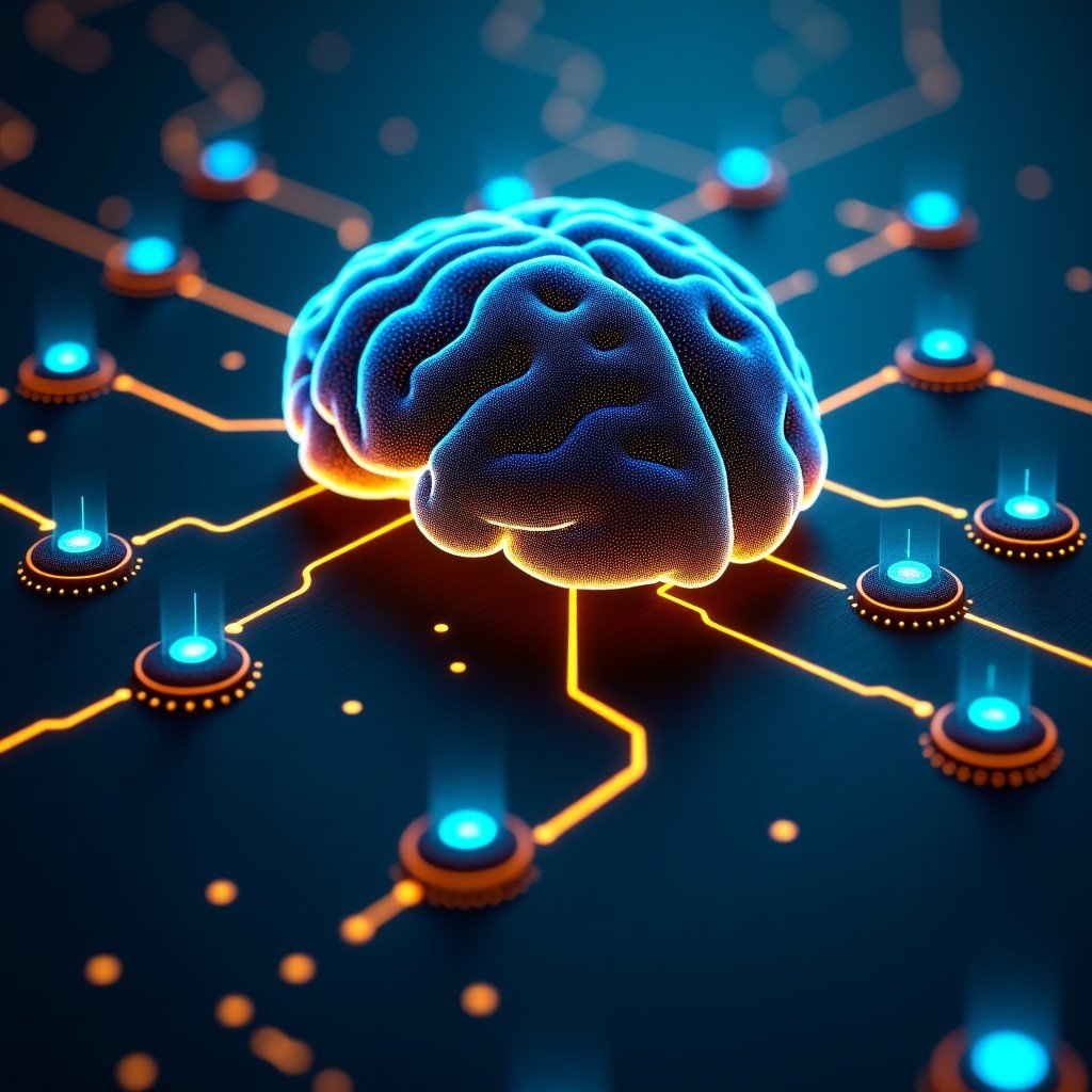 Digital concept art of an artificial intelligence brain connecting various server nodes and firewall shields, glowing gold and cyan lines, textured dark background, 4:3