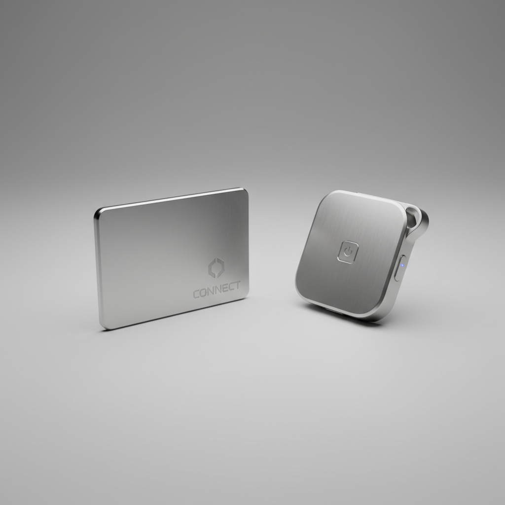 A professional studio shot of two sleek tracking devices, one shaped like a slim credit card and the other like a modern keychain fob, metallic finish, minimalist design, high quality tech product photography, neutral background, 4:3
