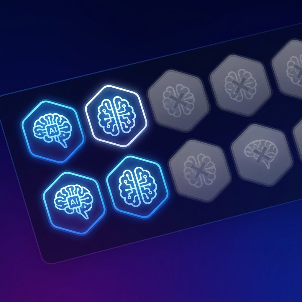 A sleek and modern digital interface of an AI model selector showing some models being faded out or deactivated. The background is a soft gradient of dark blue and purple. No text or Korean characters. High contrast and clean design. 1:1
