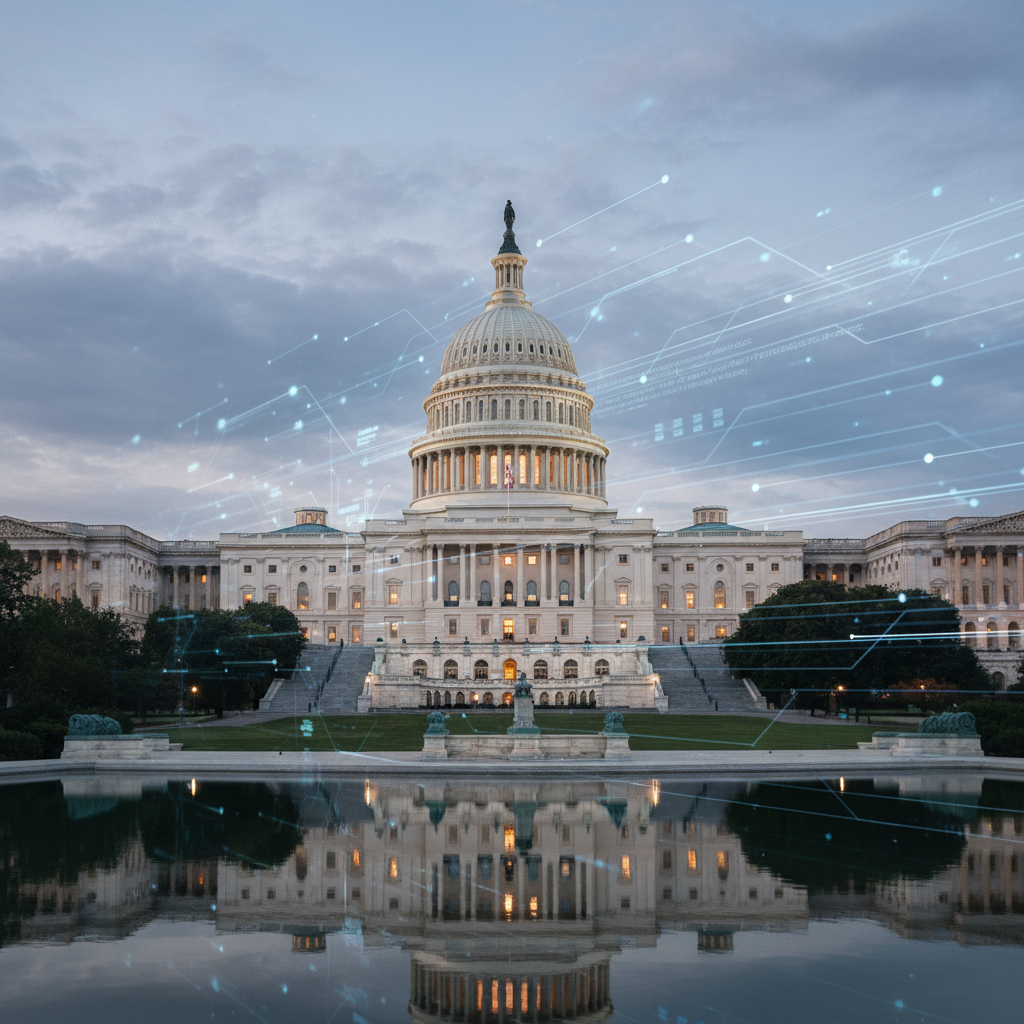 워싱턴 DC의 정부 청사와 디지털 데이터가 교차하는 풍경