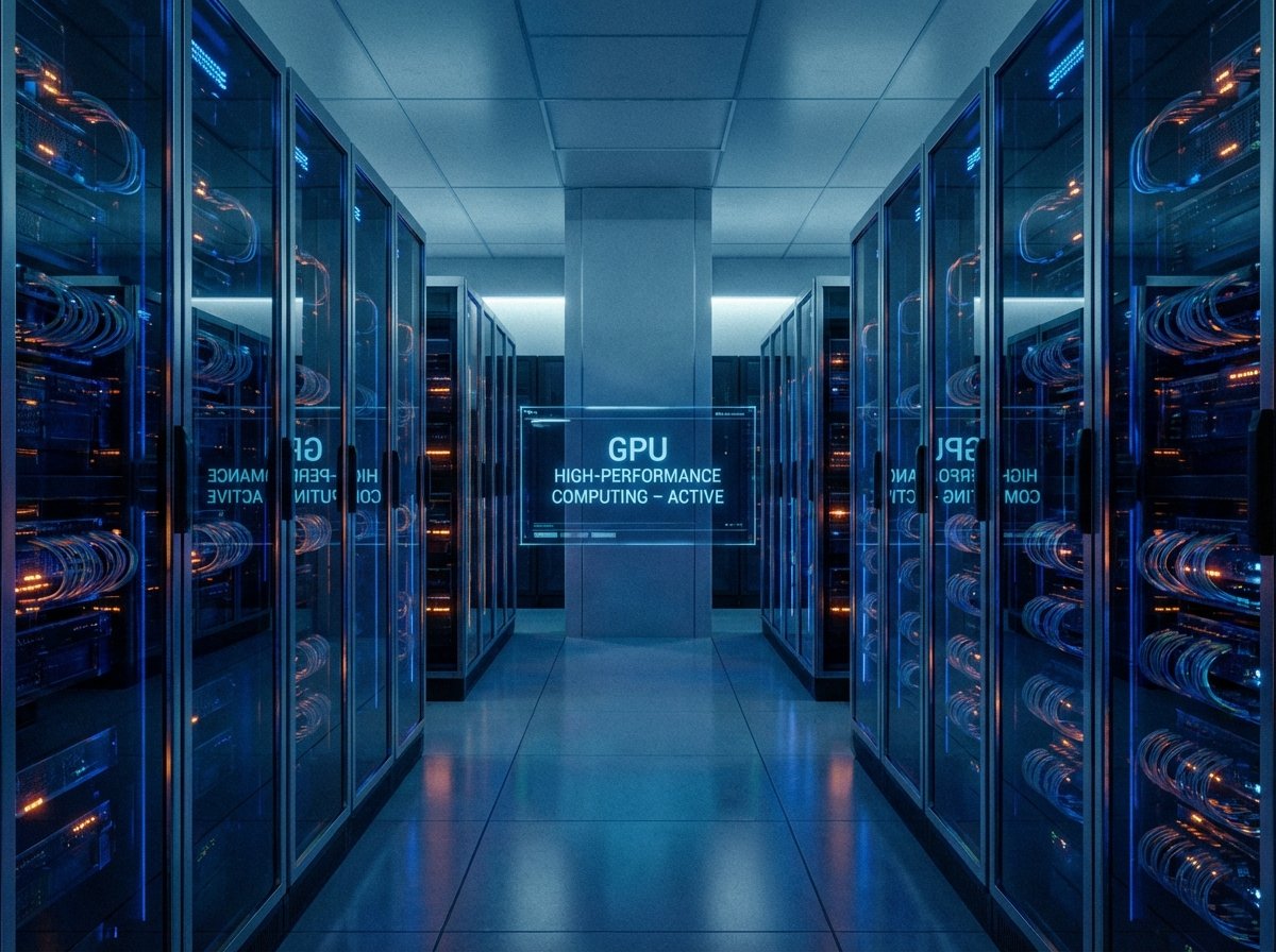A futuristic server room with glowing lights, representing high-performance GPU resources. Cinematic lighting, deep blue and orange tones, clean and professional look. No people. 4:3