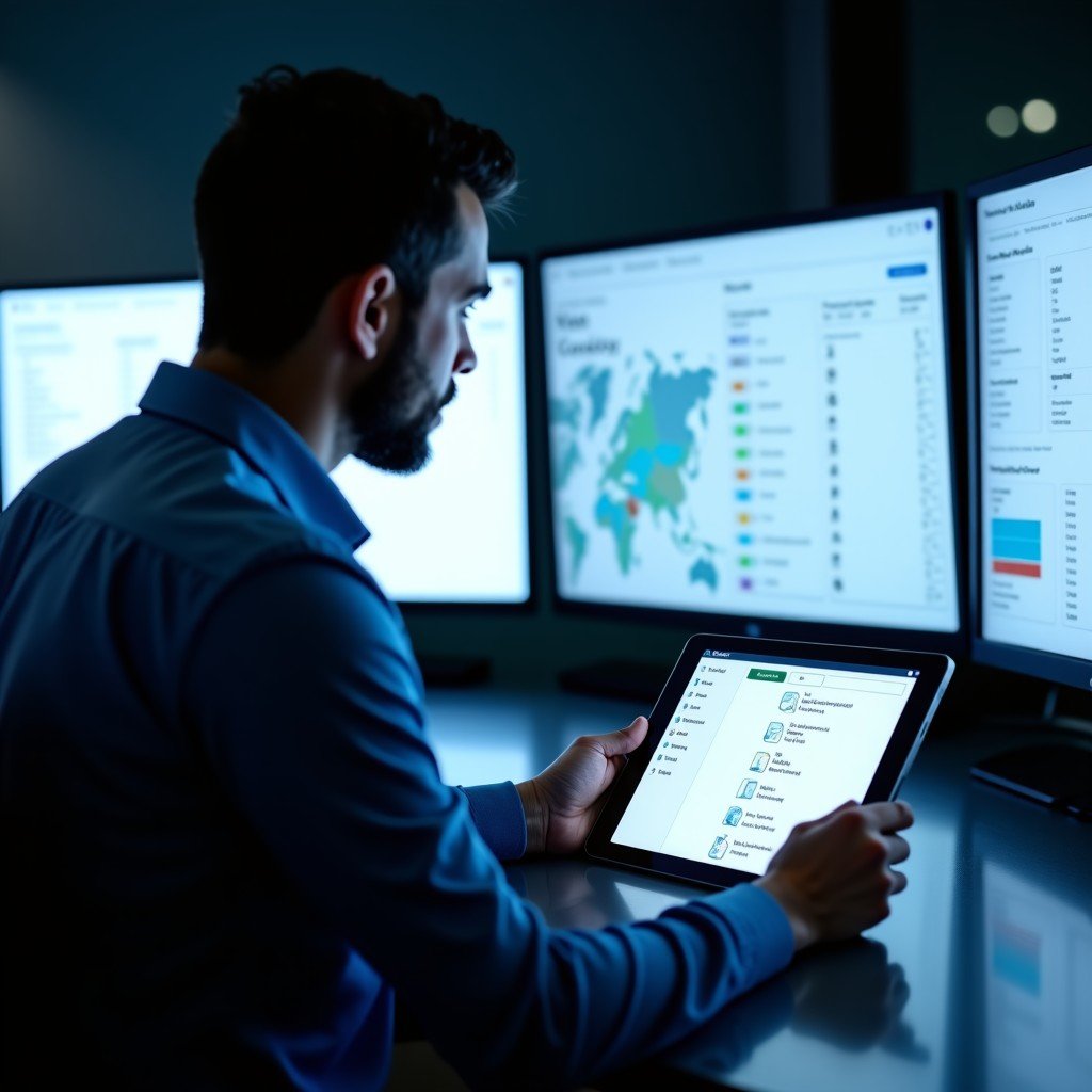 A professional IT administrator working in a modern control room. Large monitors display a management dashboard with various security settings and device status maps. The focus is on a tablet showing the Platform SSO configuration menu. High-tech and organized aesthetic. 1:1