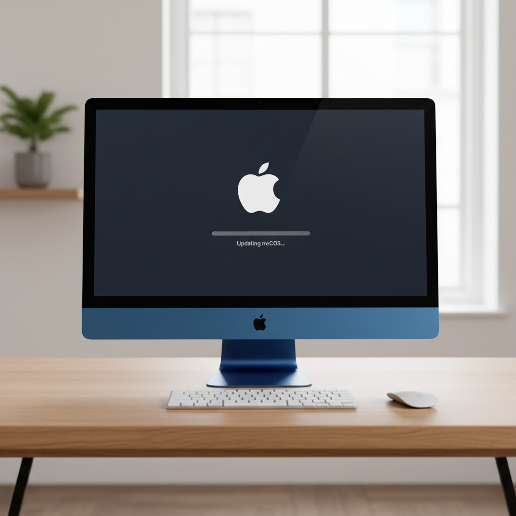 A realistic high-resolution shot of a modern 24-inch iMac on a clean wooden desk. The screen shows a macOS software update progress bar with the Apple logo. Bright and professional lighting, minimalist home office setup. 4:3